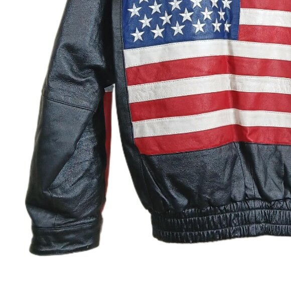 Golden Leather USA Flag Bomber Jacket Mens XL Fur Zip Biker America Y2K Patriot - Picture 6 of 6